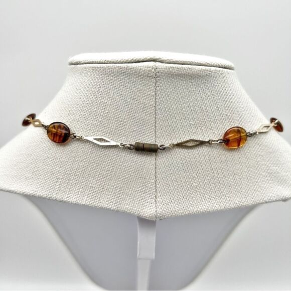 Gold Tone Diamond Shape Chain Amber Glass Striped Round Flat Bead Necklace 28” - Picture 4 of 10